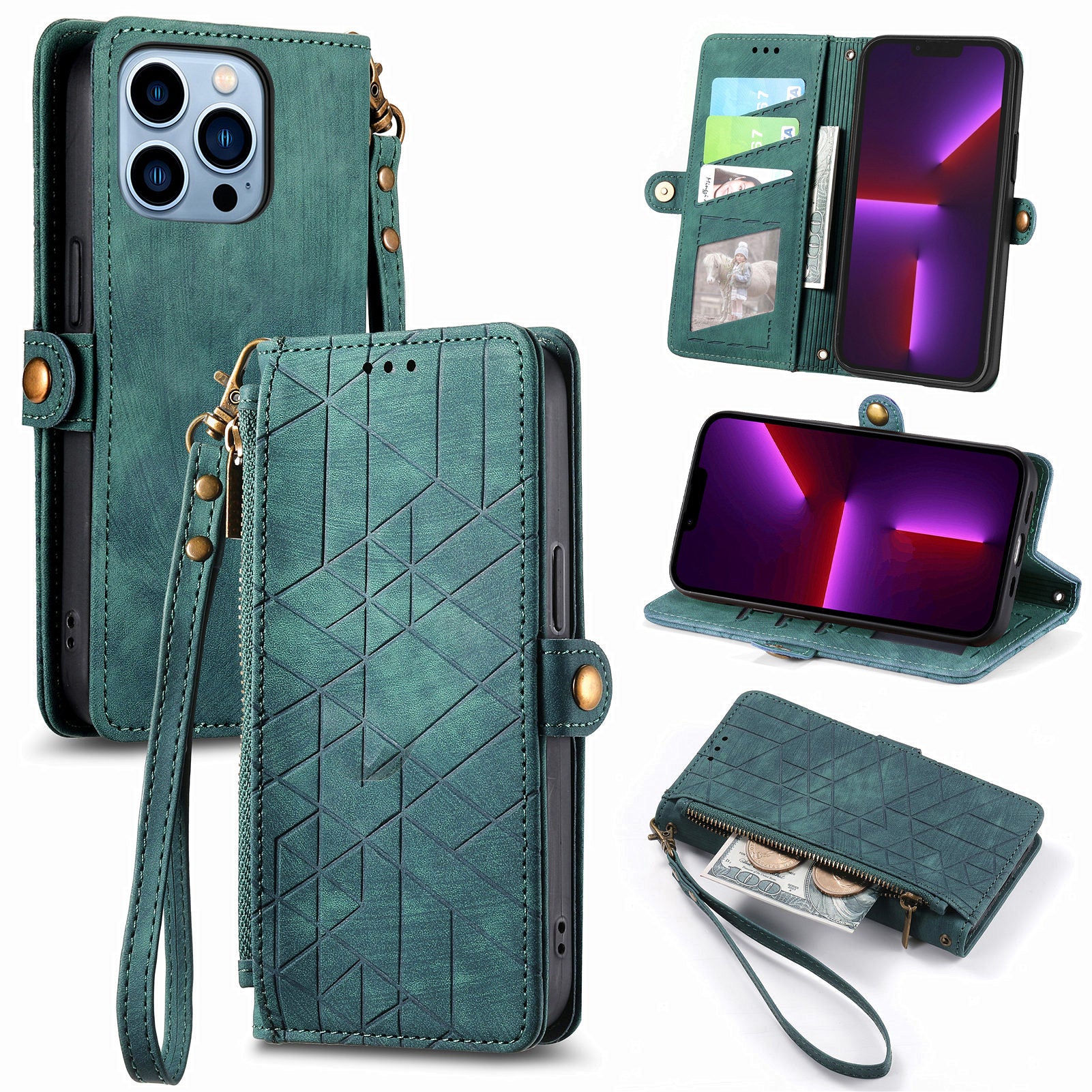 For iPhone 13 Pro Max Zipper Pocket Phone Wallet Case Geometry Imprinted PU Leather Stand Cover For iPhone 13 Pro Max Zipper Pocket Phone Wallet Case Geometry Imprinted PU Leather Stand Cover